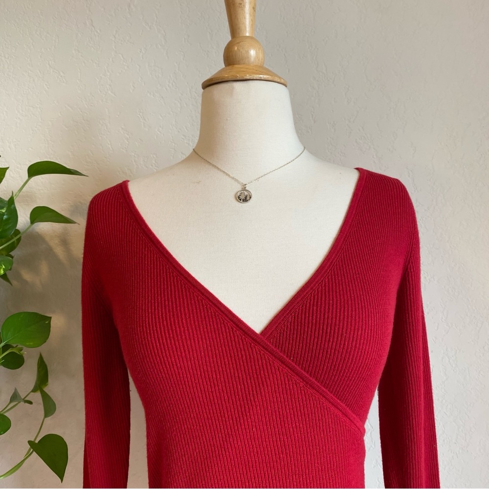 Leith Red Ribbed V neck long sleeve wrap top - Picture 4 of 14